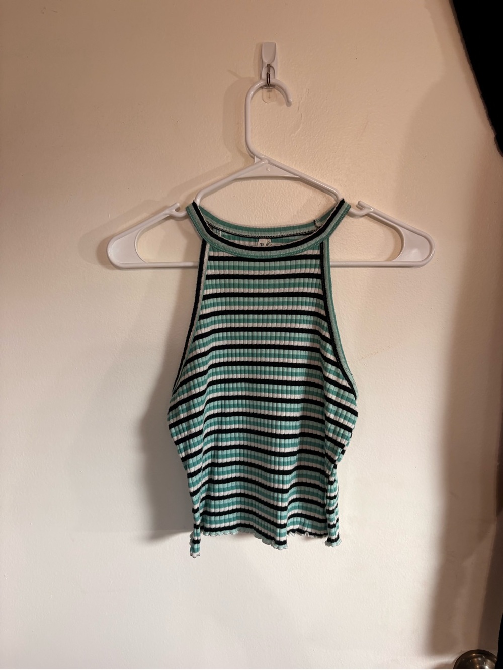 Striped Ribbed Halter Tank Top - Teal/Black